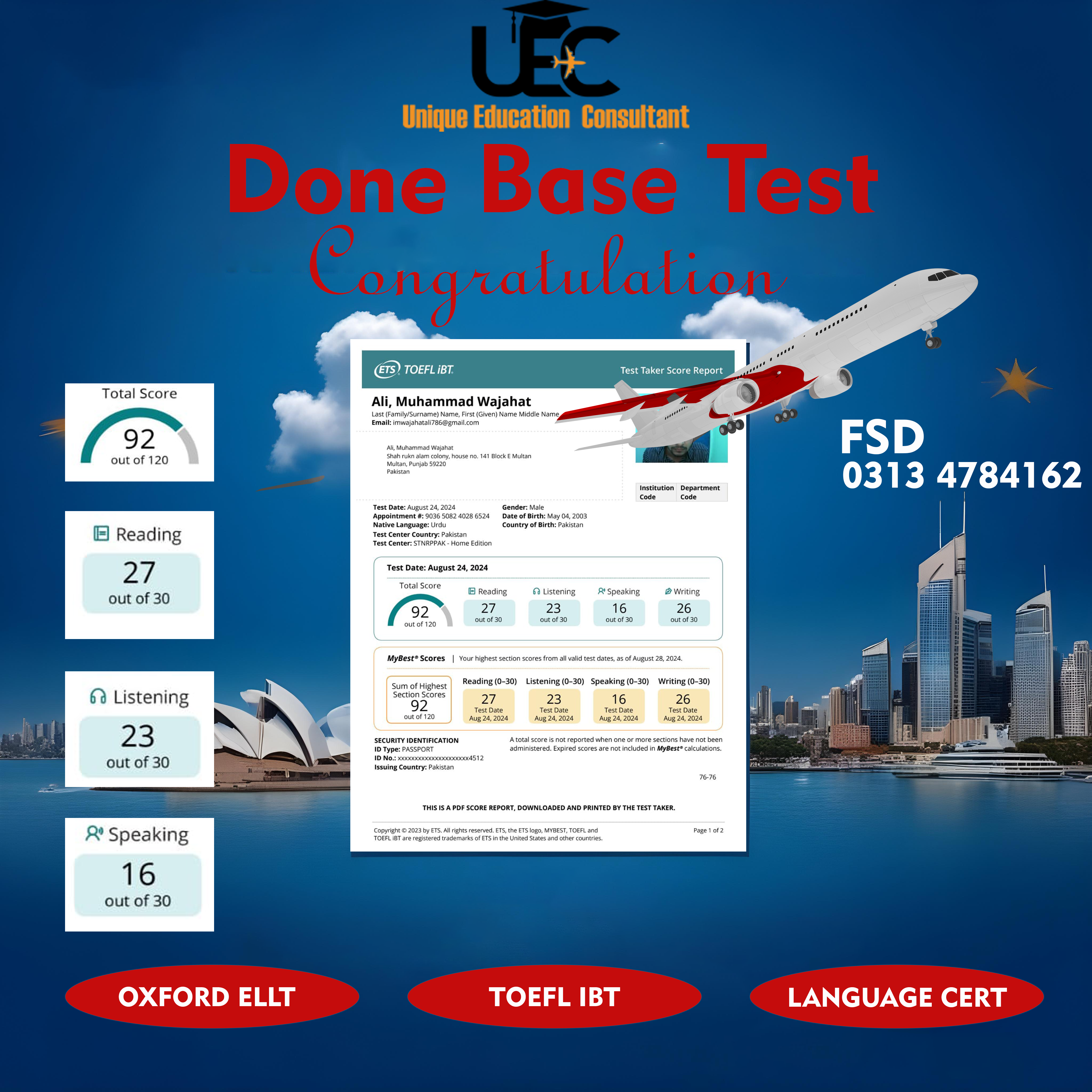 TOEFL iBT Base Test Success | Unique Education Consultant Congratulations Post